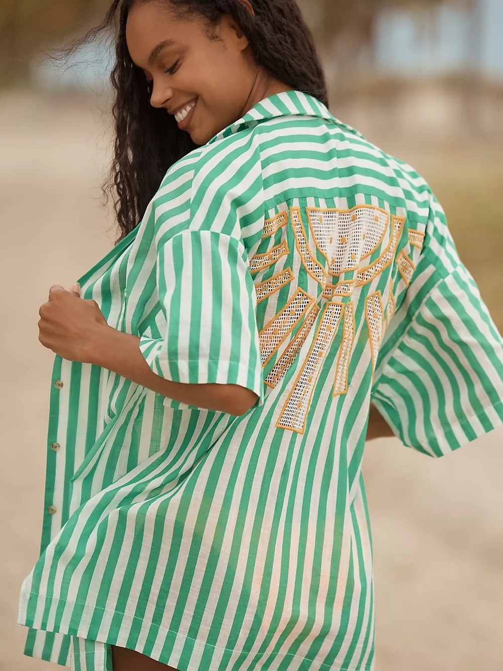Anthropologie Celandine Green & White Striped Button-Up Shirt w Embroidered Sun